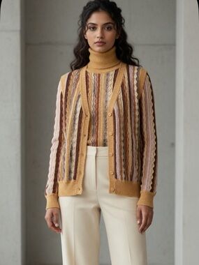 1970’s Missoni Cream Brown and Pink Striped Cardigan Set